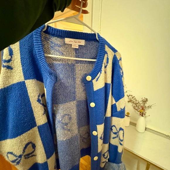 NWOT: Lisa Says Gah Blue and Cream Checkered Cardigan - Picture 13 of 14